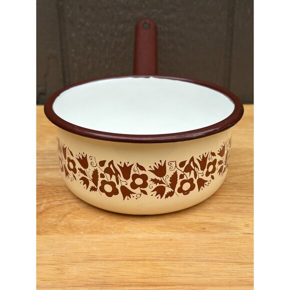 Vintage Enamel Coated Saucepan Pot With Floral Pattern 1 Qt Capacity Poland - Picture 5 of 8